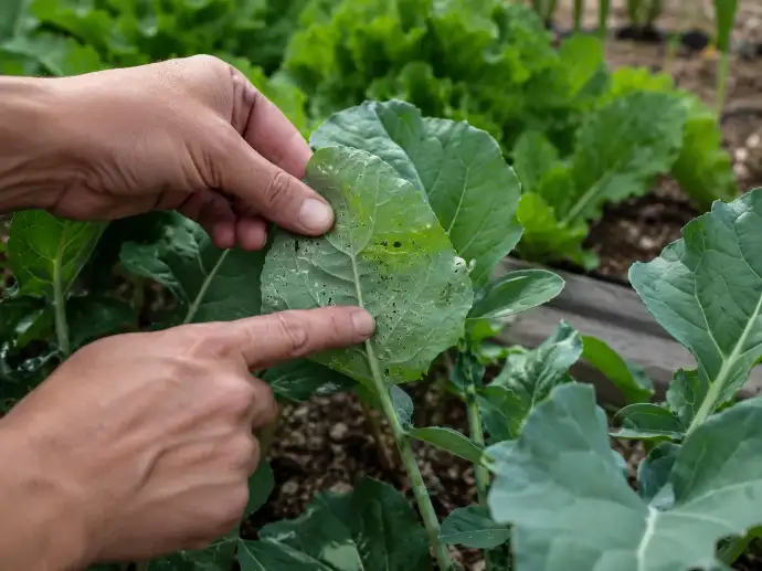 Jardinier observant une feuille abîmée par des ravageurs